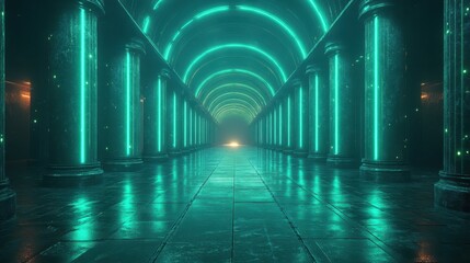Fototapeta premium Futurystyczne wnętrze z zielonymi neonowymi światłami. Korytarz tunelowy z kolumnami, cyfrowe tło techniczne, idealne do prezentacji, koncept art. Sztuka generowana przez AI. Nowoczesna innowacja projektowa w nauce.