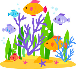 Colorful fish, starfish and corals under the sea. Coral reef, underwater sea life. Ocean aquarium sea waters with seaweed plants.