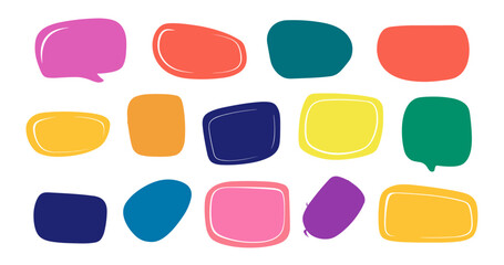 Freeform speech bubble collection, irregular organic shape frames, playful doodle figures, cute colorful frame bundle, chat quote background sticker kit, textbox block set, vector illustration.