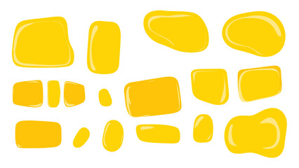 Wavy rectangular and square textboxes, organic shape text frames, abstract yellow speech bubbles, irregular liquid shapes, playful fun banner background, creative typography elements.