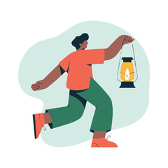 Young man running with a lit oil lantern at night adventure journey art way red dark flat hold hope path male light style