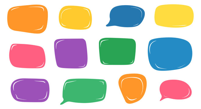 Cute colorful frame bundle, irregular shape text boxes, playful doodle figures, freeform speech bubbles, chat quote background stickers, organic shapes, textbox block set, vector illustration.