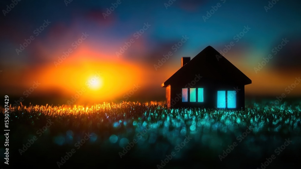 Poster sunset view with a small house surrounded by glowing grass in a tranquil setting