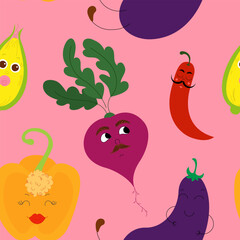 Funny Cartoon Vegetable Characters Seamless PatternPrint
