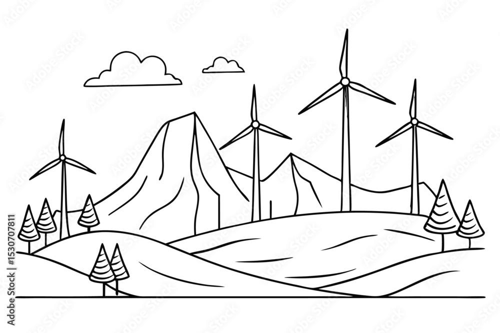 Poster continuous line art drawing of wind turbine isolated on transparent background