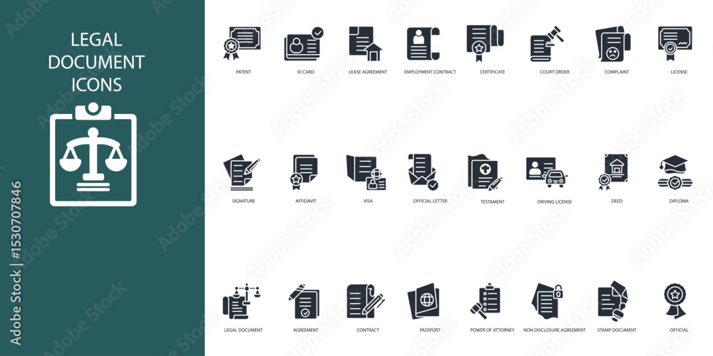 Poster legal document icon set.vector.editable stroke.linear style sign for use web design,logo.symbol illu