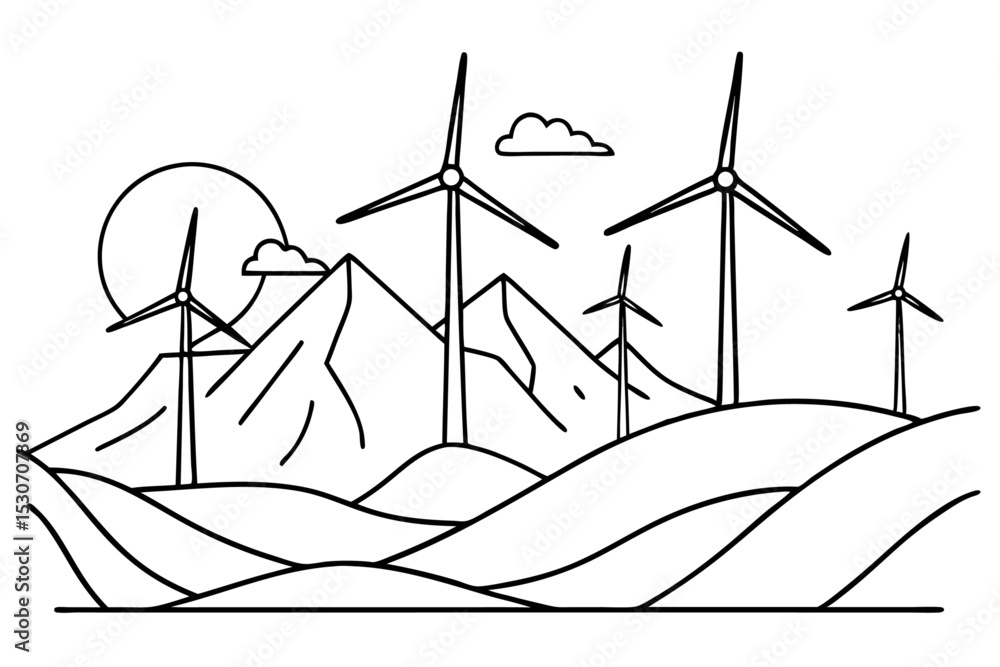 Poster continuous line art drawing of wind turbine isolated on transparent background