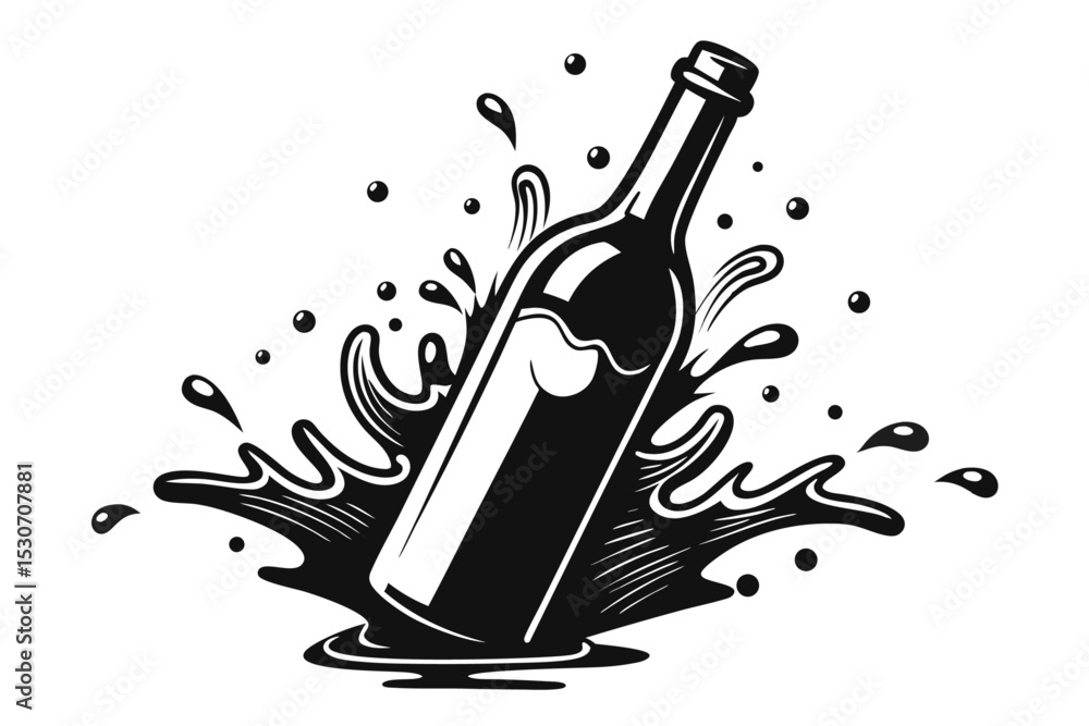 Poster wine bottle with splash design element isolated on transparent background