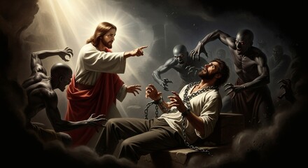 Jesus Christ commanding the evil spirits to depart, freeing a man, demonstrating divine power over dark forces