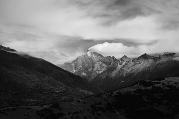 Black and white tone cloudy on peak of Mountain and atmosphere along the way to the national park Four mountain in China. 