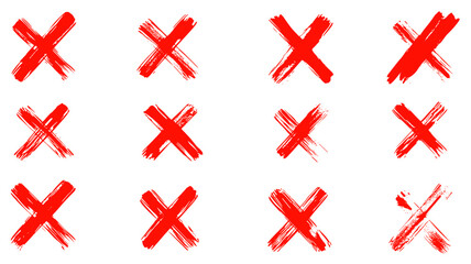 Red color crosses brush strokes, hand-painted wrong signs, abstract hand-drawn aversion symbols, NO button for checkbox voting, isolated disagree tickbox symbol pack, vector illustration.