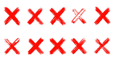 Hand-painted red wrong signs, red crosses brush strokes, abstract aversion icons, NO checkbox button, isolated disagree tickbox pack, vector illustration, UI elements, interface design.