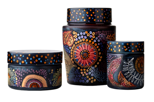 Aboriginal art hand painted jars set of three