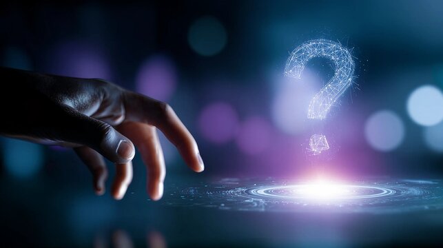 Hand reaches for glowing digital question mark symbol on dark background
