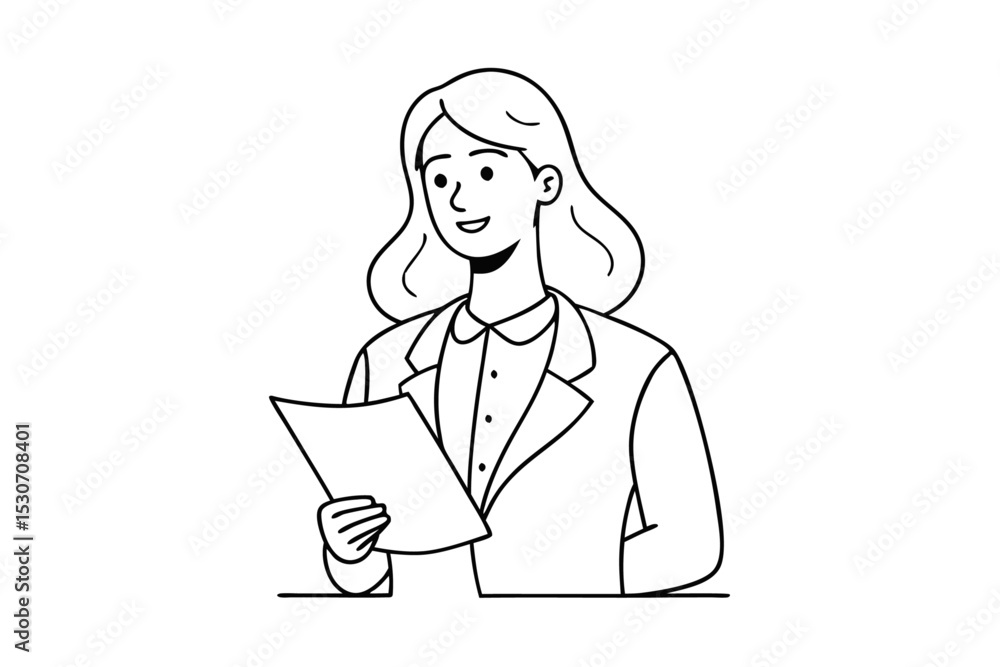 Poster woman holding paper document continuous line drawing isolated on transparent background