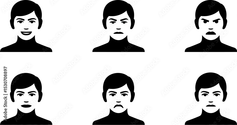 Poster man face expressions vector set illustration showing different emotions like happy sad angry and neu