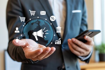 Global business promotion displayed on a hand.