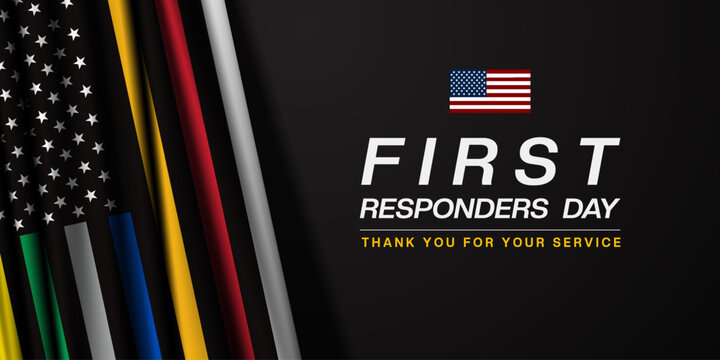 National First Responders Day. First responders and american flag. Great for posters, banners and social media. Dark background.
