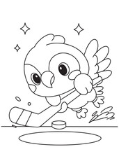 Coloring book parrot playing ice hockey, holding a stick and puck, with sparkling accents