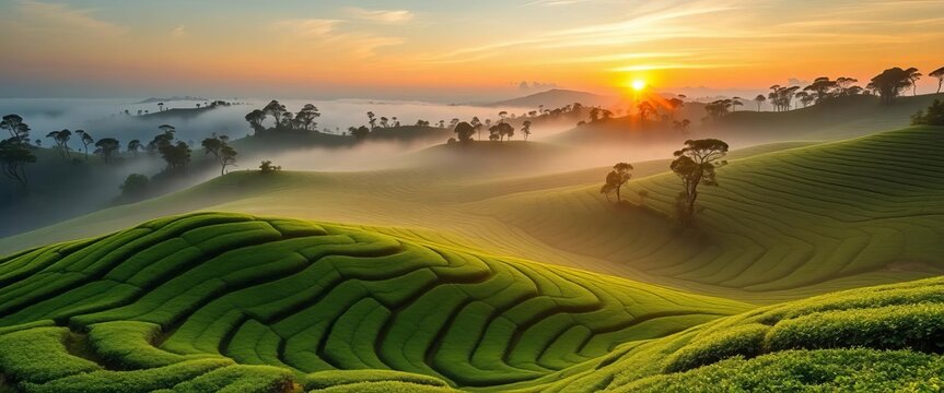 Rolling green tea hills, misty Cameron Highlands sunrise,  cultivation,  tea leaves