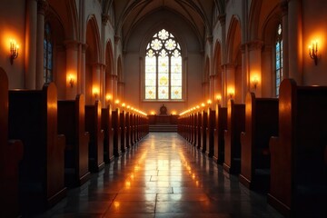 Obraz premium Serene church interior bathed in the warm glow of flickering candlelight Rows of pews recede into soft shadows, creating a peaceful and spiritual atmosphere , flame, light