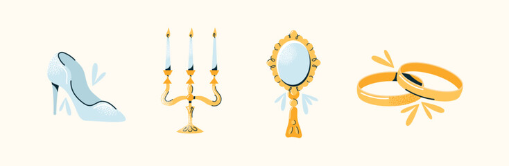 Set of wedding stickers high heel shoe, candelabra with candles, hand mirror, and gold rings. Flat vector illustration on light background. Bridal accessories and wedding ceremony concept