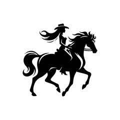 Artistic western silhouette logo of skilled cowgirl maintaining perfect balance on rearing horse with dramatic flowing hair