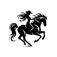 Graceful cowgirl equestrian vector emblem capturing the moment of riding a powerfully rearing horse with flowing hair