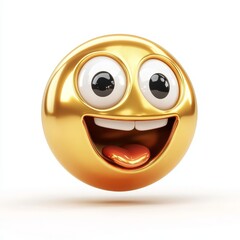 Fototapeta premium Shiny Golden Emoji with Excited Expression Floating on White Backdrop, Festive Happy Vibe
