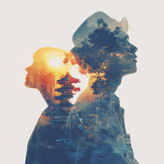 double exposure aesthetic design with 2 holiday makers profiles and asian scenery; concept of summer travel to china, japan, etc