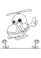 Coloring book parrot cutely piloting a charming helicopter, soaring above sweet flowers.