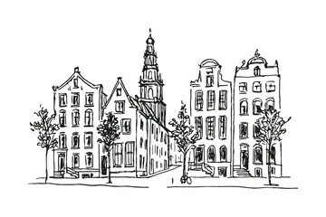 Amsterdam street with church sketch style black on white vector illustration


