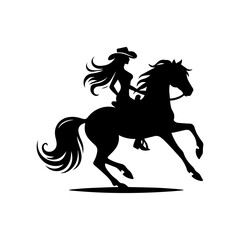 Graceful cowgirl equestrian vector emblem capturing the moment of riding a powerfully rearing horse with flowing hair