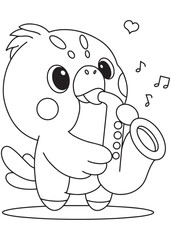 Coloring book parrot happily playing a saxophone with musical notes and a sweet heart bubble