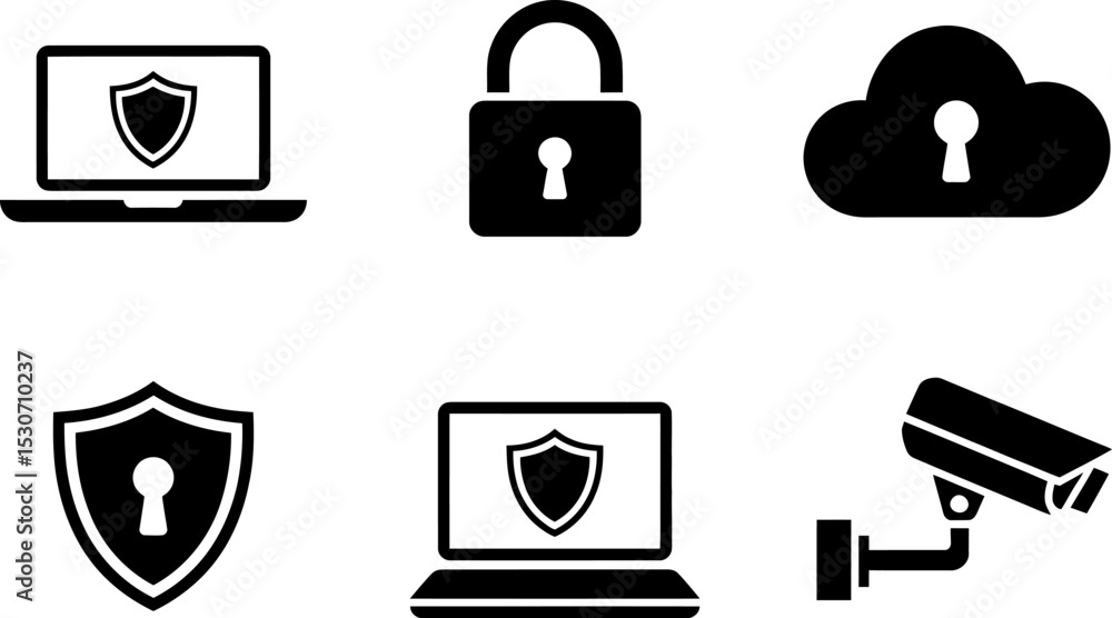 Poster security icons set for data protection and privacy with padlock cloud laptop shield and surveillance