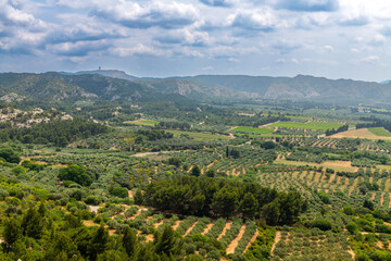 Panoramic view of the Alpilles and fields from Les Baux de Provence, France