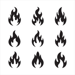 Nine Black Fire Icon Set on White Background vector art