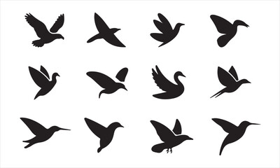 A collection of simple, elegant silhouettes of various bird species in flight against a plain white background vector art