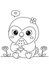 Coloring book parrot with a flower on its head, happily holding a sweet strawberry