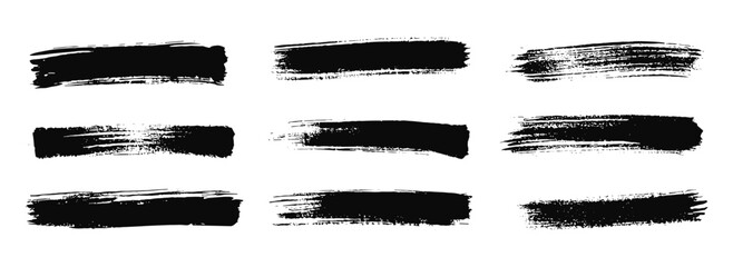 Fototapeta na wymiar Asian ink brush strokes, black hand drawn stripes, rough grunge paint texture, Chinese Japanese Korean calligraphy brushstrokes set, straight line vector illustration, smears, sketch lines.