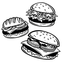 Delicious burger vector icon set with adjustable line weight, showcasing various  of burgers with toppings, lettuce, buns, and layers in bold black and white outline format