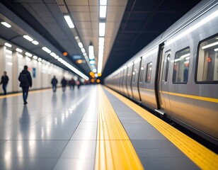 Obraz premium Blurred view of a subway platform with visible yellow safety lines, evoking a sense of motion and urban, Perfect for illustrating public transit systems, safety design, or urban infrastructure article