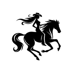 Elegant cowgirl silhouette vector logo featuring flowing hair and hat while skillfully riding a rearing horse in motion