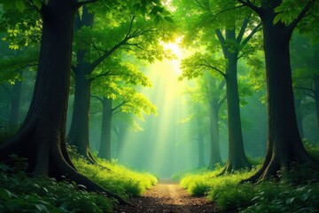 Obraz premium Sunlight dapples through the canopy in a lush, vibrant forest Ancient trees tower, their leaves creating a dense, green cover overhead A tranquil scene of natural beauty , forest, natural environment