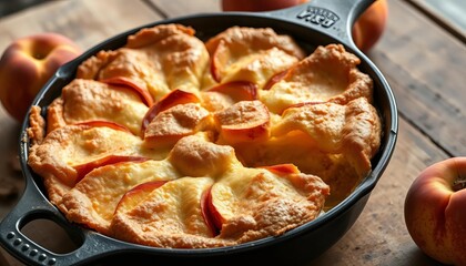 Rustic cast iron skillet brimming with juicy peach pie, golden crust, farm-style setting,  delicious,   still life