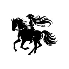 Graceful cowgirl with flowing hair and hat, skillfully riding a rearing horse, captured as a dynamic black silhouette illustration. Western concept