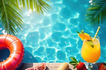 Vibrant summer scene with bright colors, refreshing drinks, and inflatable pool toys, perfect for a summer vacation or party , ice, pop, cheerful