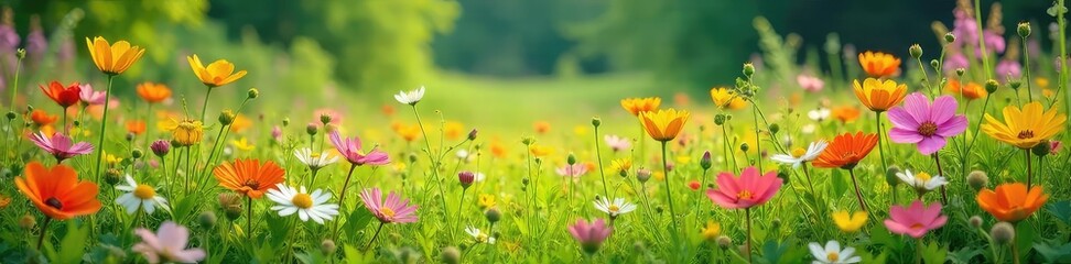 Fototapeta premium Vibrant wildflowers in a lush meadow, bursting with color and life A stunning display of nature's beauty, perfect for spring or summer themes , pollen, field, petal