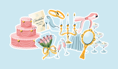 Wedding celebration stickers set cake, rings, bouquet, invitation, bridal veil, champagne glasses, mirror, shoes, and bow. Flat vector isolated illustration. Wedding ceremony romantic event concept