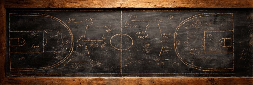 Chalkboard Play Strategy for Basketball Drawn on an Old-School Board in a Gym During Practice Session